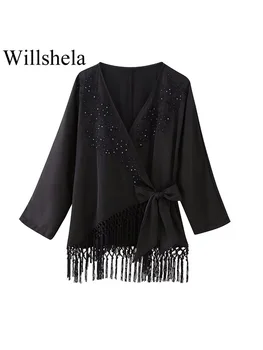 Willshela női divat bojttal fekete hímzőblúz vintage V-nyakú hosszú ujjú női elegáns női ingek
