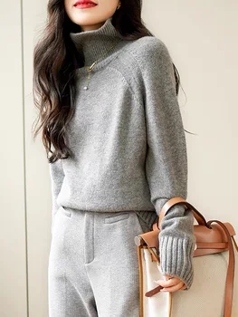 Őszi és téli magas galléros 100% tiszta gyapjú pulóver női laza és lusta pulóver kötött alátét pulóver