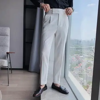 Férfi nadrág vintage magas derekú férfi öltöny nadrág slim fit üzleti stílusú nadrág puha, lélegző anyaggal Classic zsebek Slim