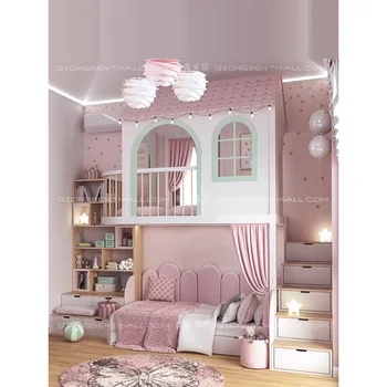 Rózsaszín ágy fel és le Multifunkcionális játékház Magas alsó ágy Lombház ágy ház testreszabás