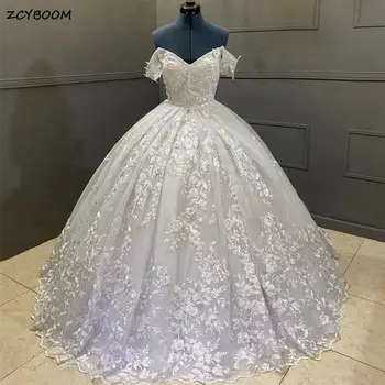 2023 Gyönyörű vállról Puffadt báli ruha Esküvői ruha Hercegnő V-nyakú tüll rátétek Női menyasszonyi ruhák Vestido De Noiva