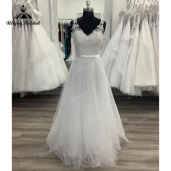 Ujjatlan hercegnő nők A vonalú esküvői ruhák hát nélküli 2023 tüll hosszú elegáns menyasszonyi boho esküvői ruha V nyak csipke rátét